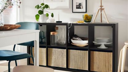IKEA KALLAX in black with woven bins in kitchen diner
