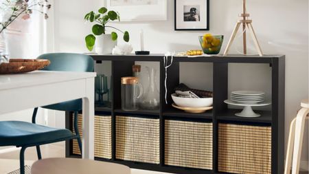 IKEA KALLAX in black with woven bins in kitchen diner
