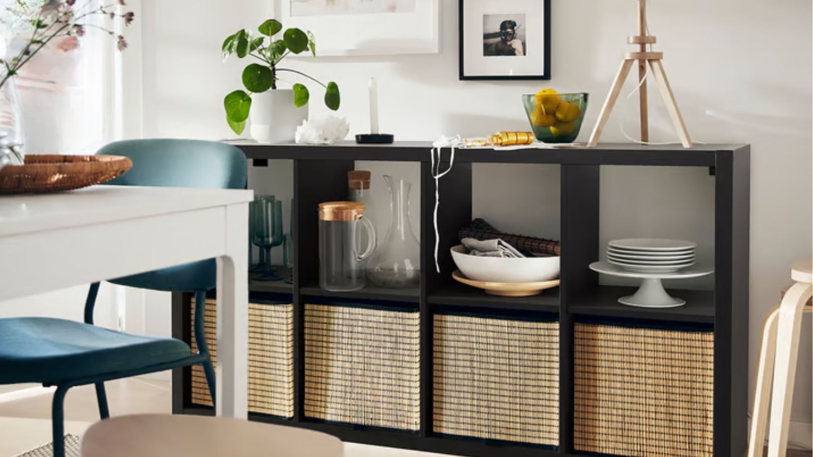 IKEA KALLAX in black with woven bins in kitchen diner