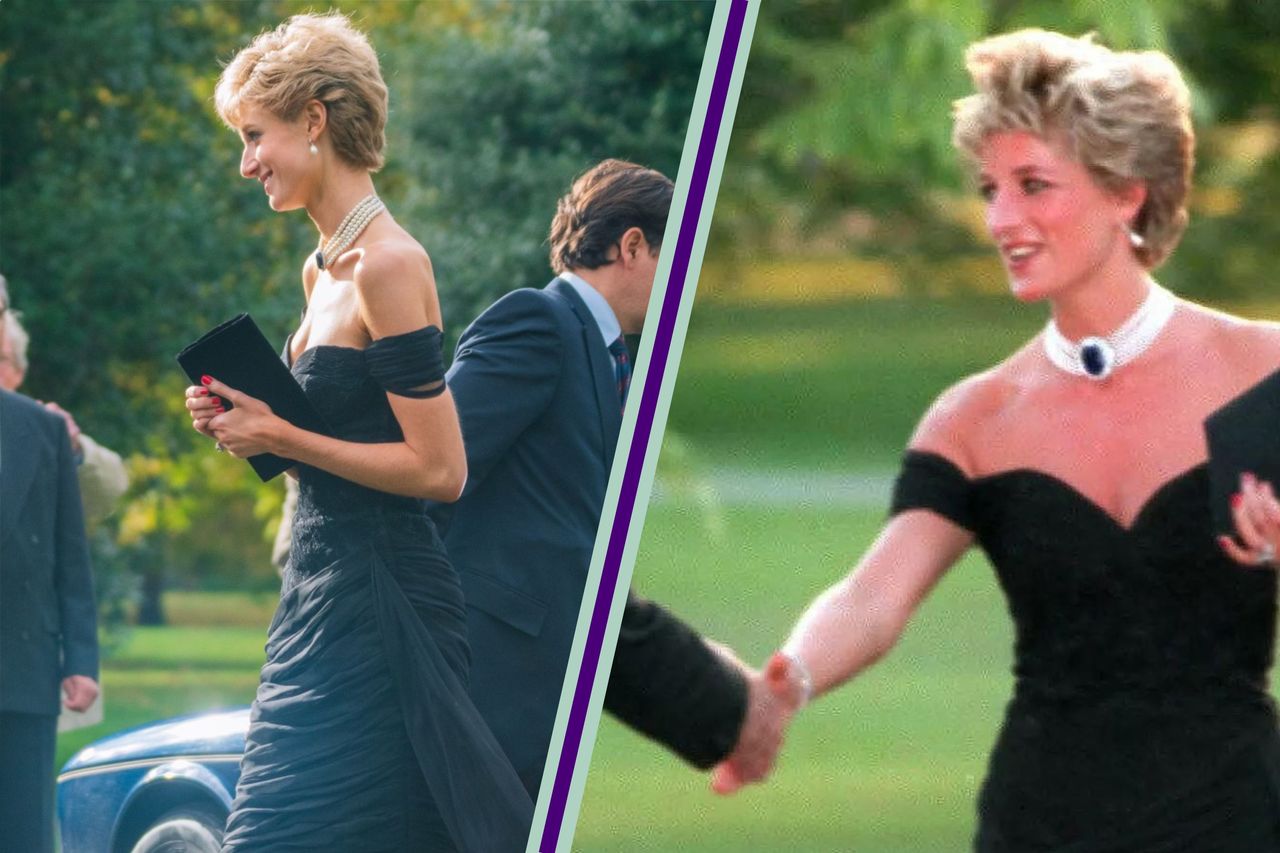  Elizabeth Debicki as Princess Diana wearing the revenge dress in The Crown on Netflix, split layout with Princess Diana wearing the original revenge dress