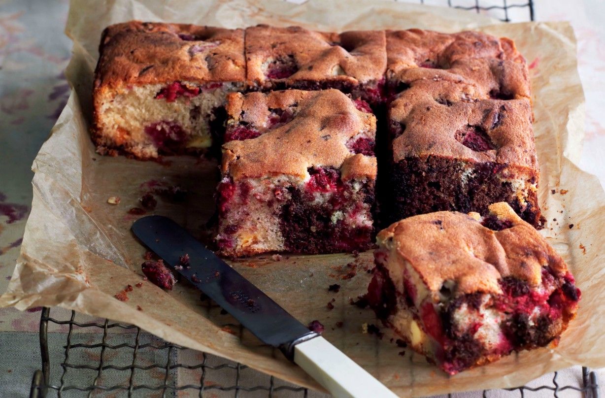 Very berry chocolate tray bake