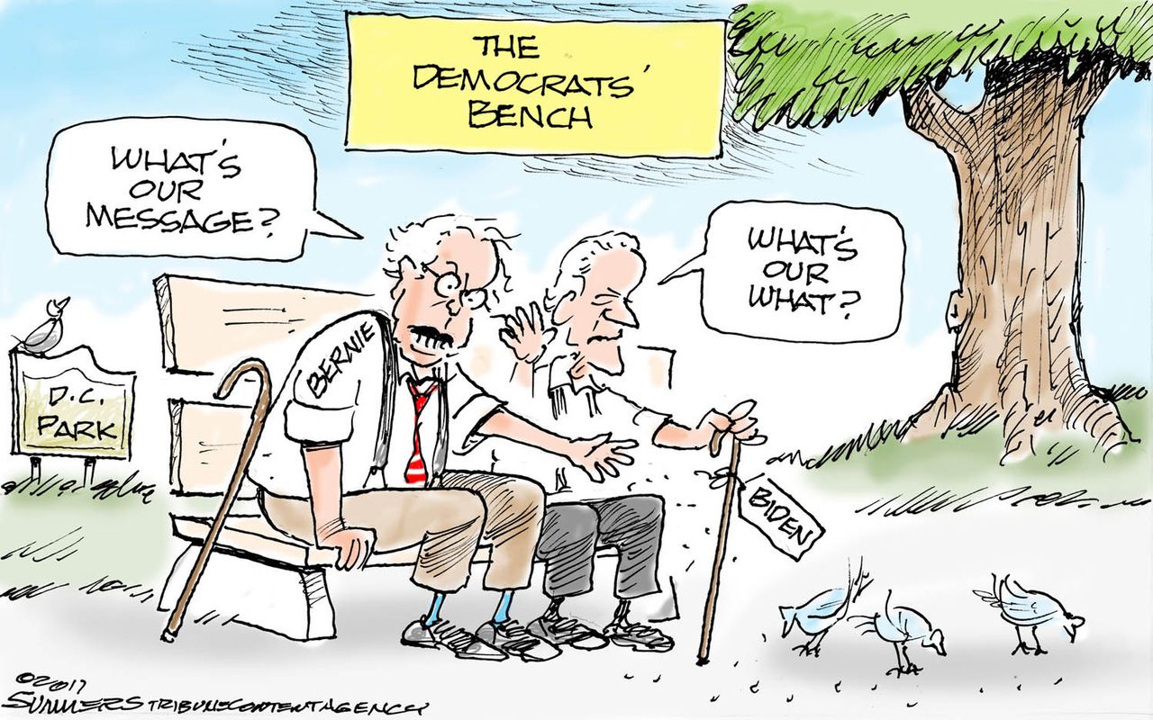 Political cartoon U.S. Democrats election Joe Biden Bernie Sanders