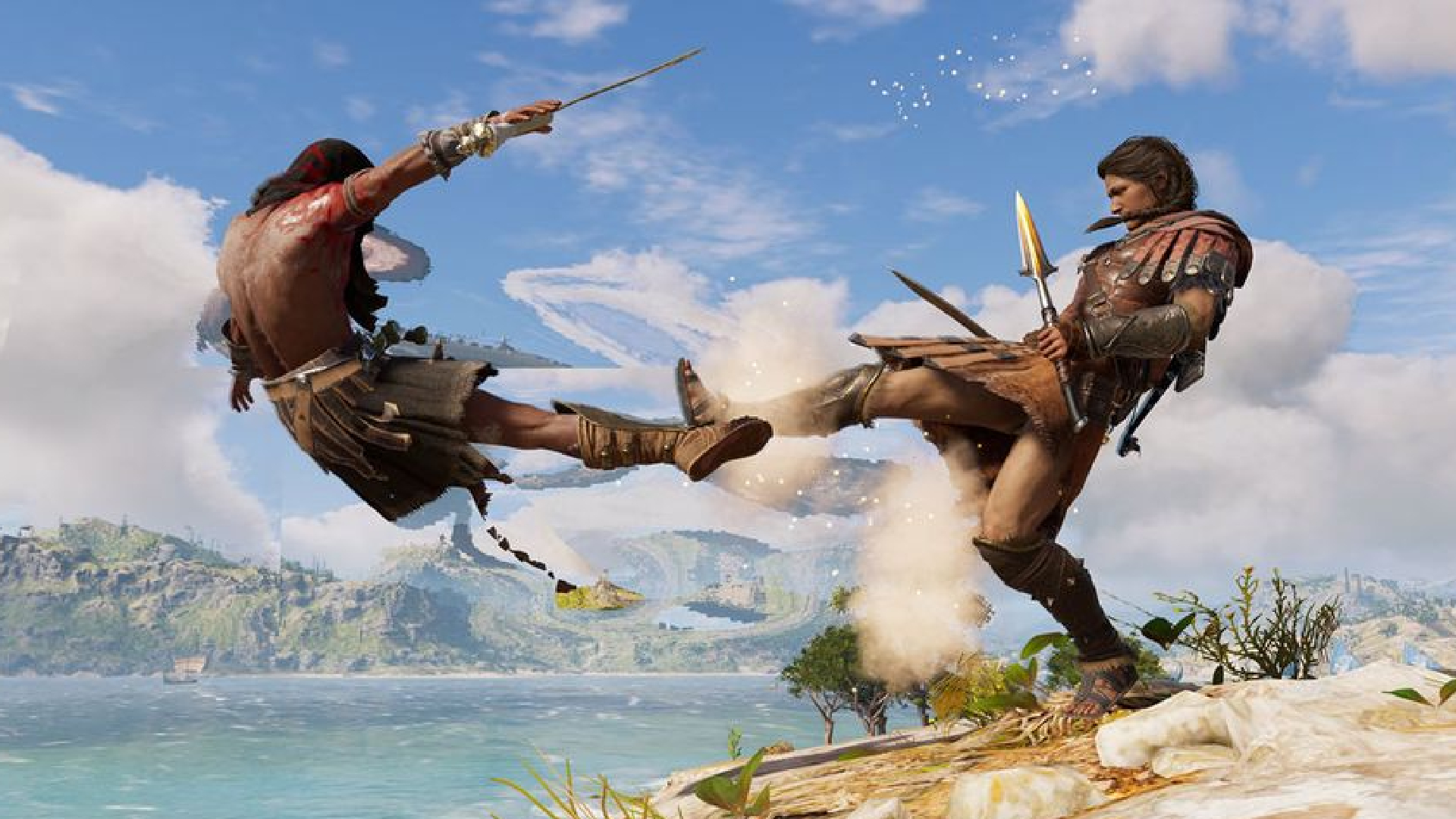 A screenshot from Assassin's Creed Odyssey, showing an ancient Greek warrior kicking someone off of a cliff