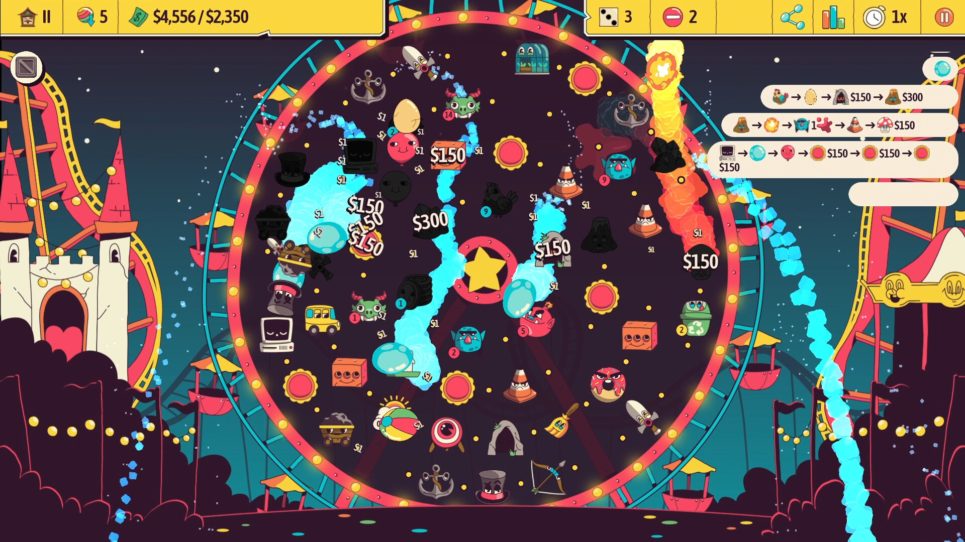Ballionaire screenshot of a pachinko board filled with colorful pieces in the shape of various objects such as eyes, vehicles, computer screens, brooms, rockets, anchors, birds, and bricks