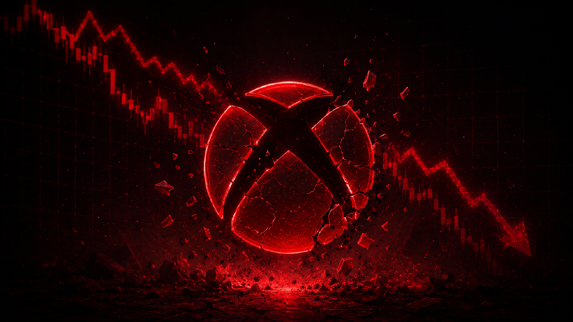 Cracked red Xbox logo surrounded by debris and a plunging stock market chart, symbolizing financial decline, restructuring, and uncertainty within the gaming industry.