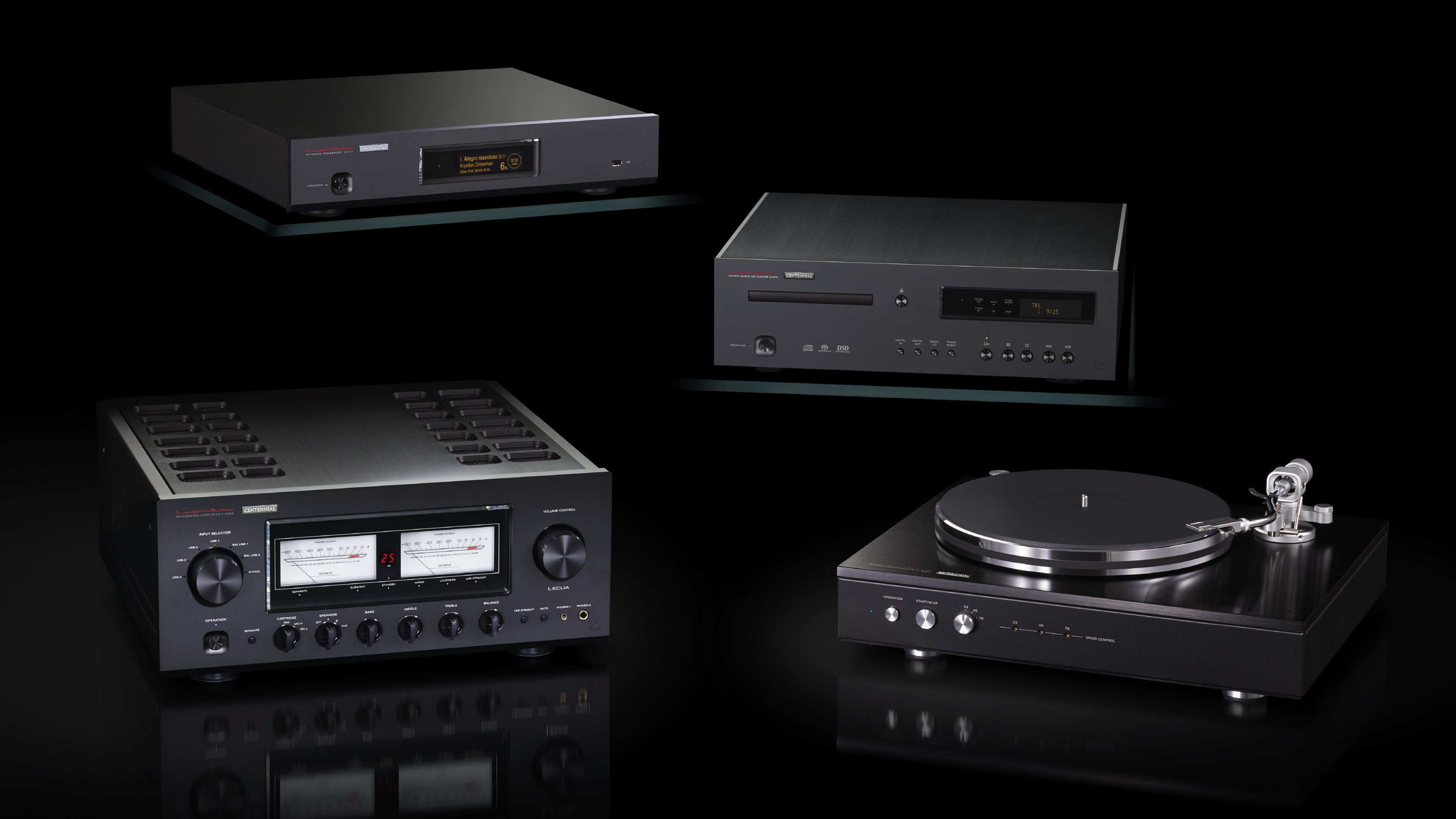 Four Luxman Centennial Black Edition products including amplifier and turntable against black background