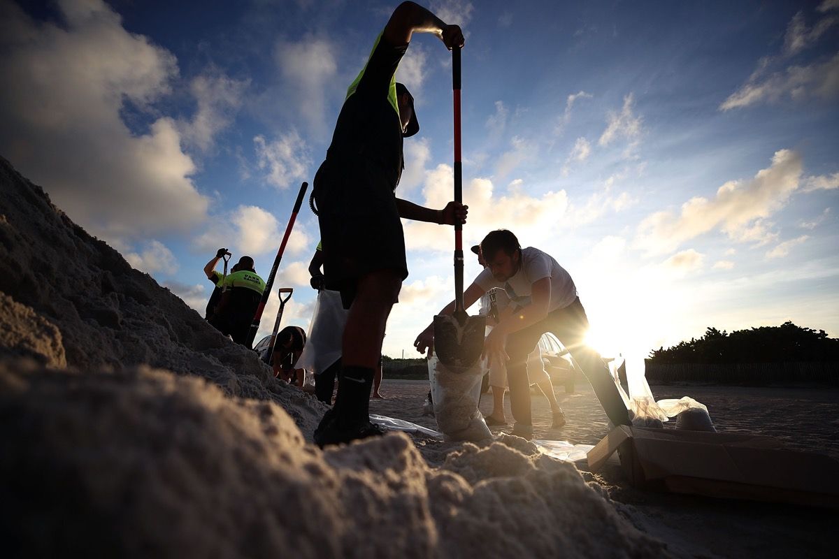 Park officials fill sandbags for residents who are preparing for Hurricane Irma on Sept. 7 in Miami Beach, Florida. 