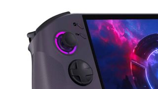 Zoomed in image of leaked Lenovo Legion Go with red box around SteamOS logo next to button