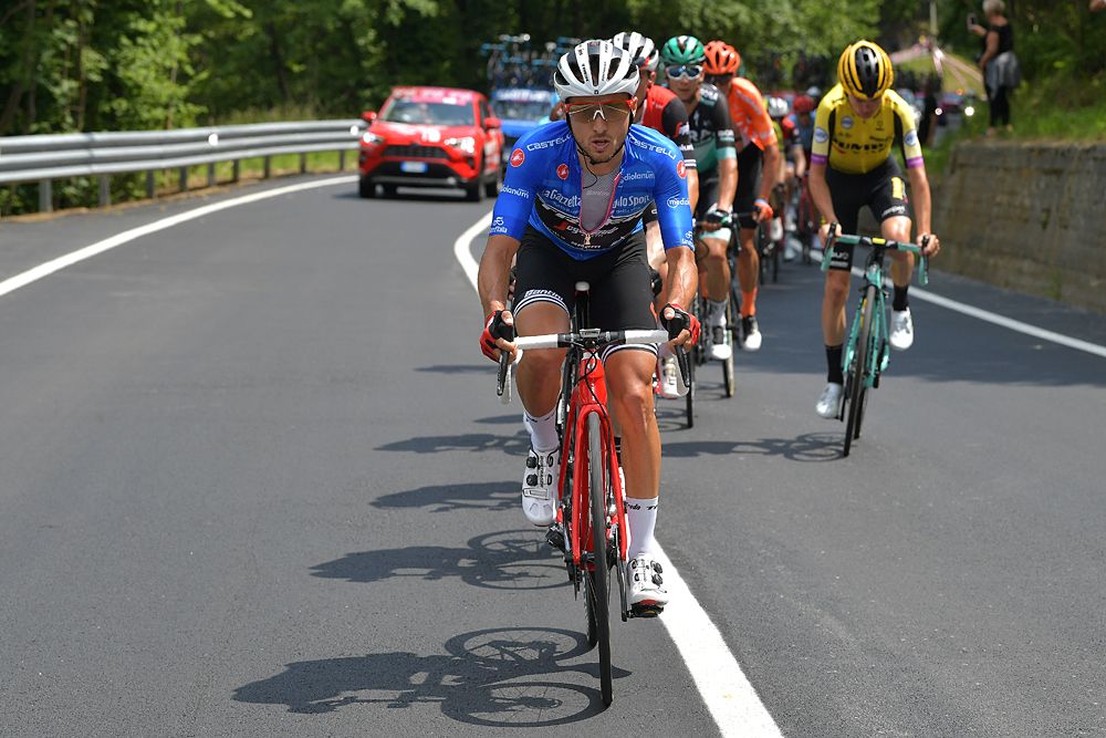 Giulio Ciccone of Italy and Team Trek - Segafredo / Gianluca Brambilla of Italy and Team Trek - Segafredo Blue Mountain Jersey in the stage 13 breakaway at the Giro d'Italia