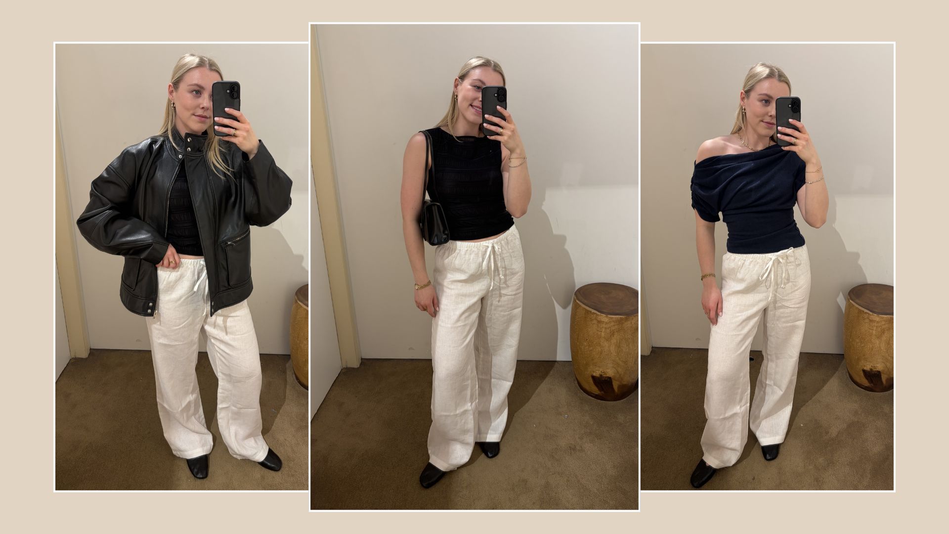 Three images of woman wearing linen trousers