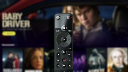Virgin TV 360 remote with Tubi TV in the background