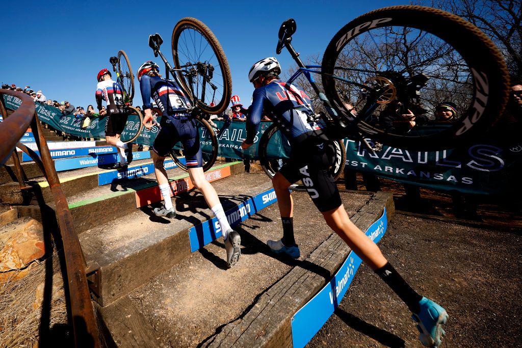 FAYETTEVILLE ARKANSAS JANUARY 30 LR Matthias Schwarzbacher of Slovakia Louka Lesueur of France and Magnus White of The United States compete during the 73rd UCI CycloCross World Championships Fayetteville 2022 Mens Junior Fayetteville2022 on January 30 2022 in Fayetteville Georgia Photo by Chris GraythenGetty Images