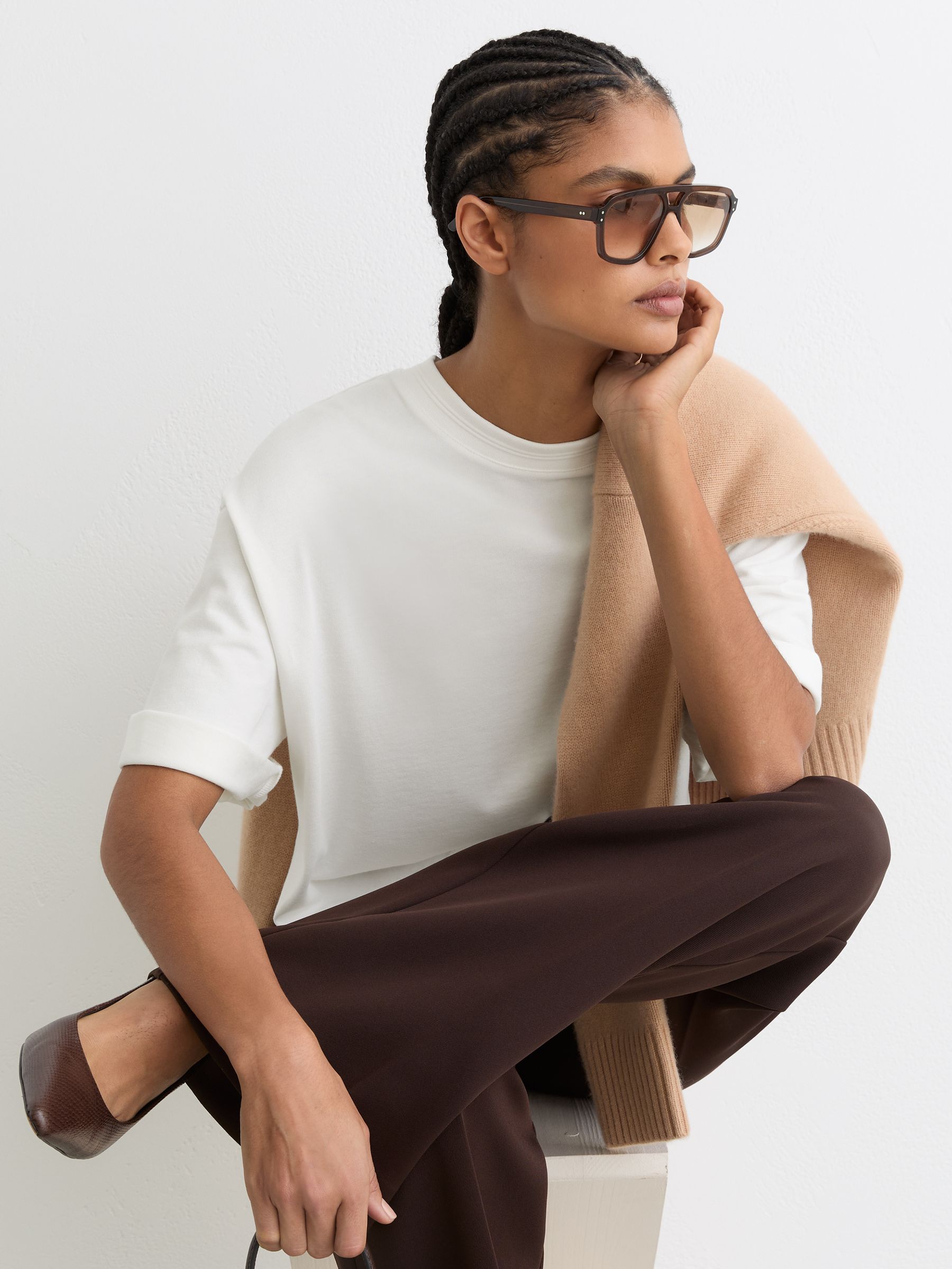 Cotton Ribbed-Neck Oversized T-Shirt in White