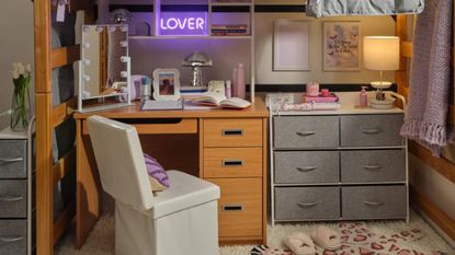 Dormify show bedroom with gray drawer under bunk bed