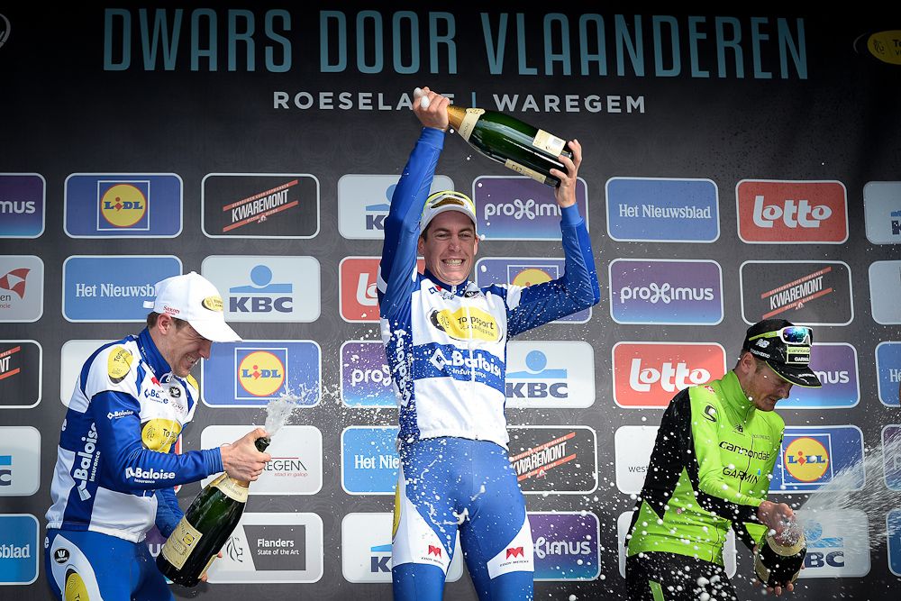 The Dwars door Vlaanderen podium: Wallays, Theun and Van Baarle.