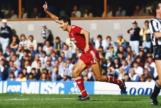 Ian Rush celebrates a goal for Liverpool against Newcastle in August 1986.