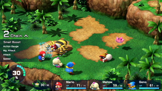 A screenshot showing how battles work and look in Super Mario RPG