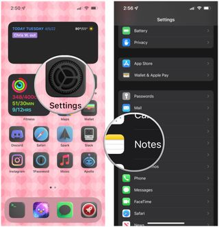 Enable Instant Notes from Lock Screen on iPhone: Launch Settings, tap Notes