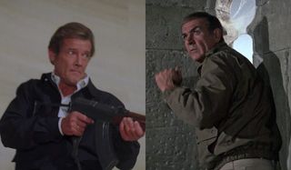 Roger Moore wields a machine gun in Octopussy, while Sean Connery prepares to jump out of a tower in Never Say Never Again.