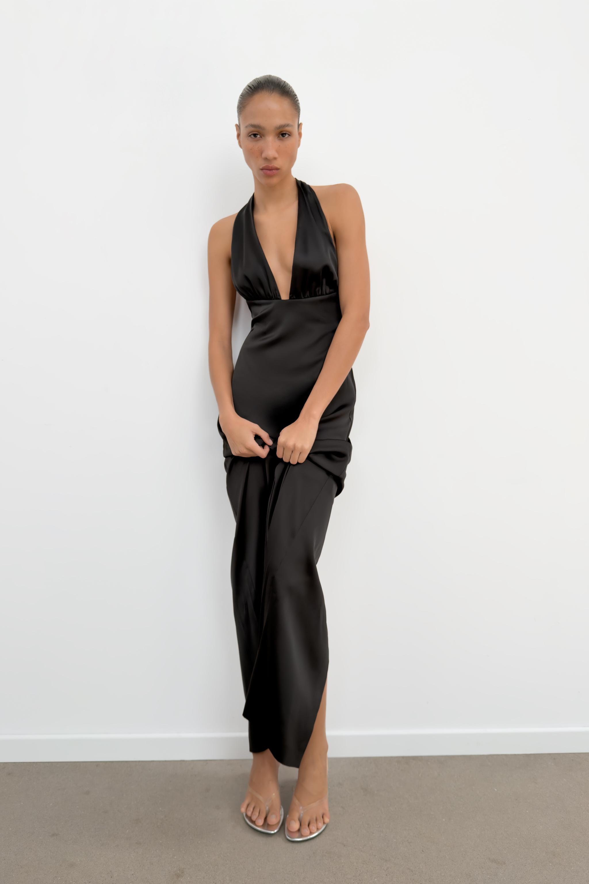 Satin Effect Long Halter Dress - Black - Xs