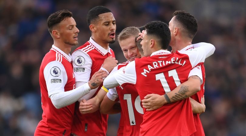 Arsenal players celebrate after Leandro Trossard scores against Leicester in the Premier League in February 2023, but the Belgian&#039;s effort was later ruled out by VAR.