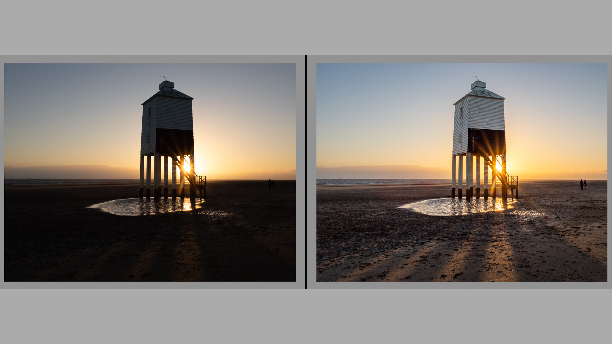 Before & after edits of a lighthouse on a beach at sunset