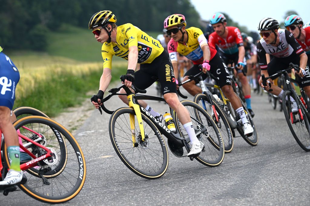 CRESTVOLAND FRANCE JUNE 09 Jonas Vingegaard of Denmark and Team JumboVisma Yellow Leader Jersey competes during the 75th Criterium du Dauphine 2023 Stage 6 a 1702km stage from Nantua to CrestVoland 1218m UCIWT on June 09 2023 in CrestVoland France Photo by Dario BelingheriGetty Images