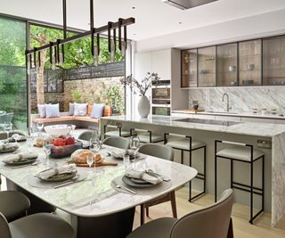 marble kitchen diner with marble kitchen island