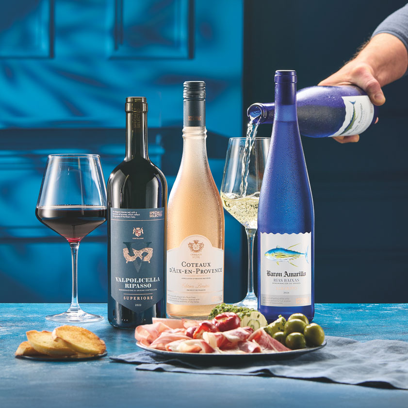 A selection of Aldi wines and antipasti