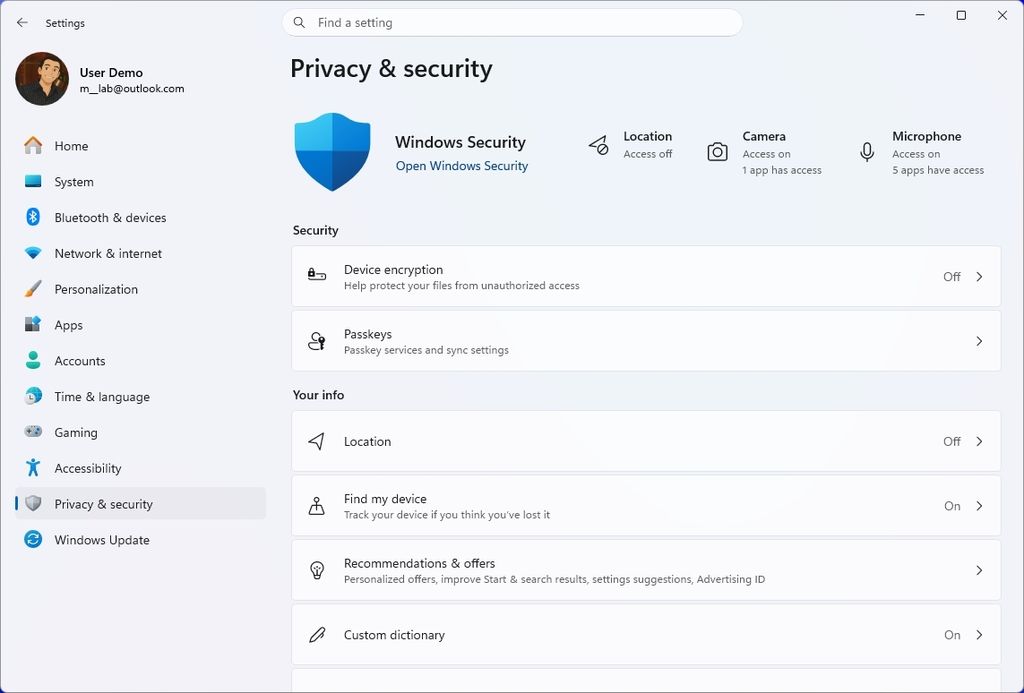 Windows 11 Settings showing the new Privacy &amp;amp; security page.
