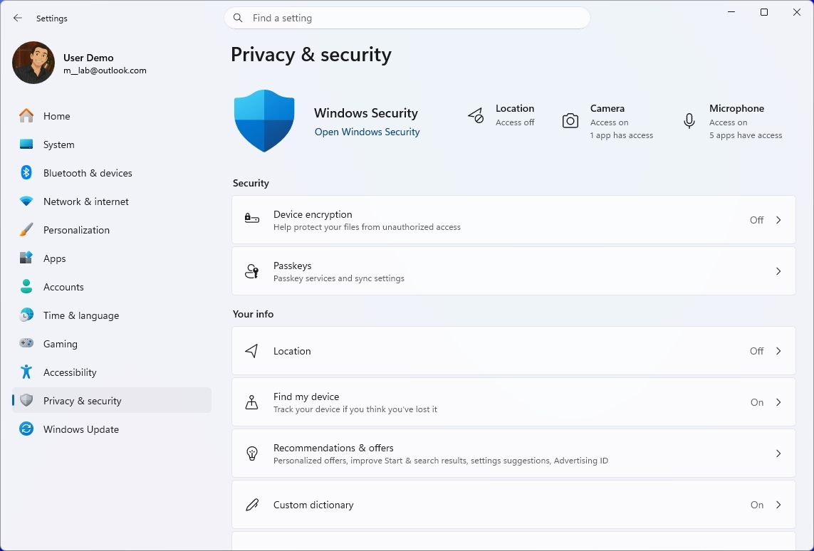 Windows 11 Settings showing the new Privacy &amp;amp; security page.