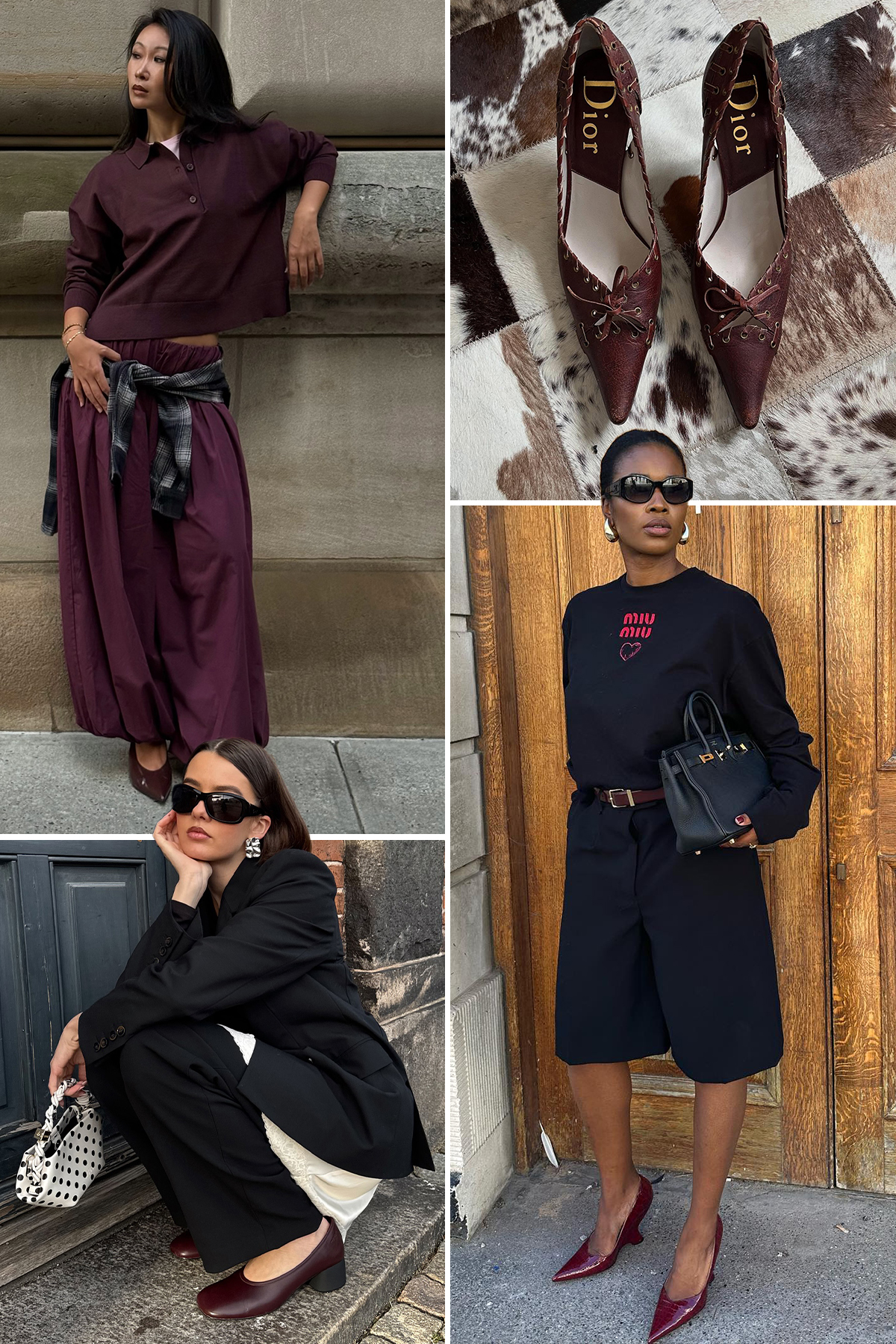 @maryljean, @nlmarilyn, @thecarolinelin and @_paulineleroy_ wearing merlot shoes for winter 2026