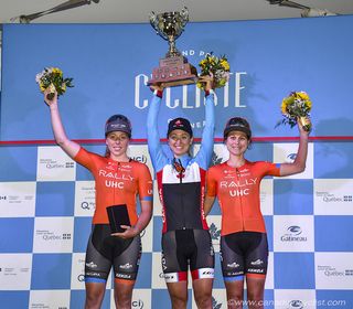 The podium at the 2019 Grand Prix Cycliste Gatineau: winner Leah Kirchmann (Team Canada) flanked by Rally UHC's Allison Beveridge and Krista Doebel-Hickok