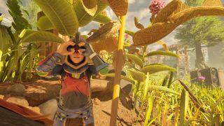 Grounded 2 milkweed locations: A character wearing heavy armour holding their hands up to their eyes as if they're using binoculars, with a milkweed plant behind them.