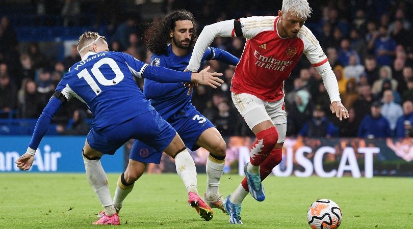 Chelsea pair Marc Cucurella and Mykhailo Mudryk challenge Arsenal&#039;s Ben White in the sides&#039; Premier League clash at Stamford Bridge in October 2023.