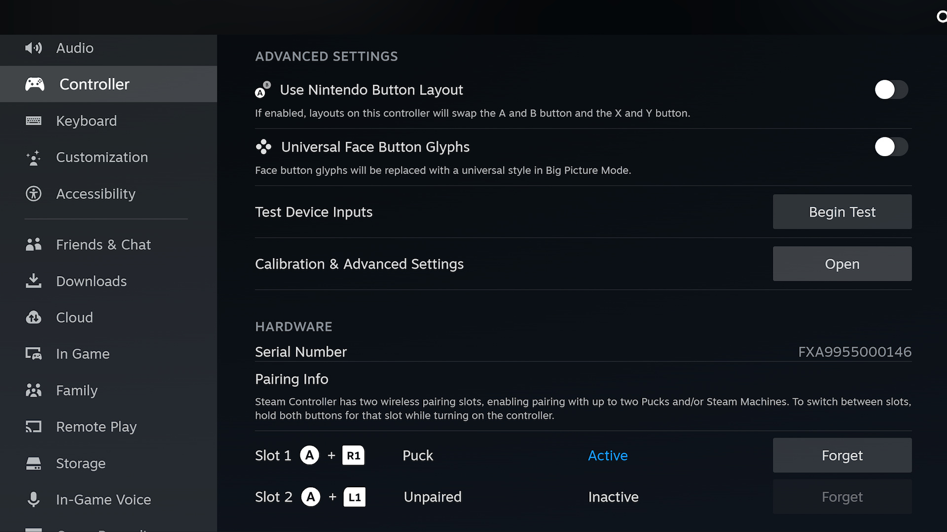 The Steam Controller settings in the Steam client.