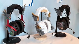 Three HyperX Cloud III S Wireless headsets side-by-side, showing the 3D printed accessories on the ear cups and head strap.