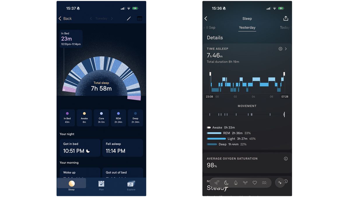 On the left is a screenshot of sleep tracking data from the Hatch app. On the right is a screenshot of sleep tracking data from the Oura app. There are slight discrepancies in the data.