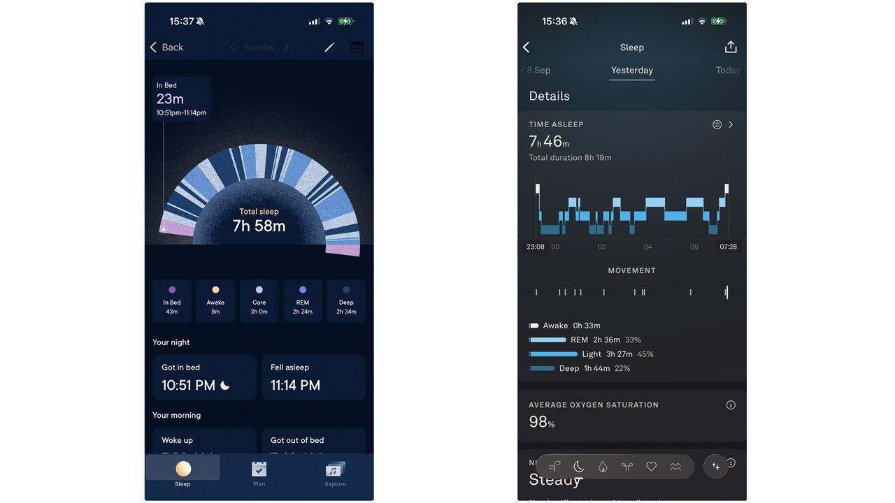On the left is a screenshot of sleep tracking data from the Hatch app. On the right is a screenshot of sleep tracking data from the Oura app. There are slight discrepancies in the data.