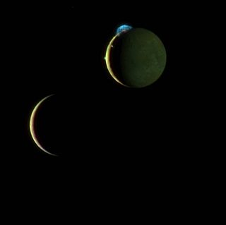 This beautiful image of the crescents of volcanic Io and more sedate Europa is a combination of two New Horizons images taken March 2, 2007. Io steals the show with its beautiful display of volcanic activity.