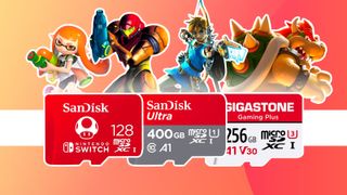 Product shots of the best Nintendo Switch SD cards in front of various Nintendo characters on a red background