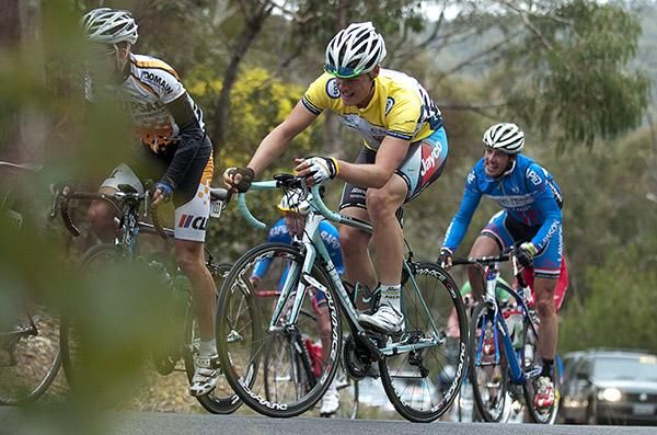 Tour leader Edward Bissaker (Jayco/AIS) in yellow struggles up a climb during stage five in Anakie.