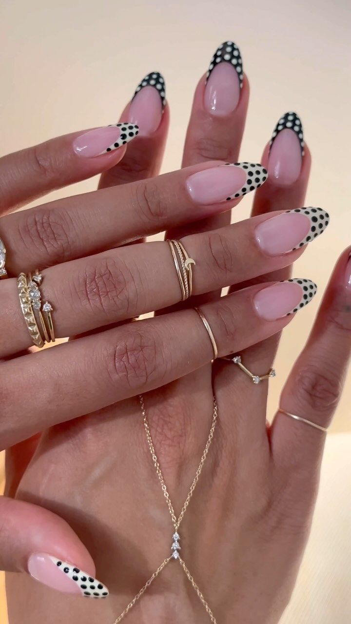 White and black polka dot nail French tips