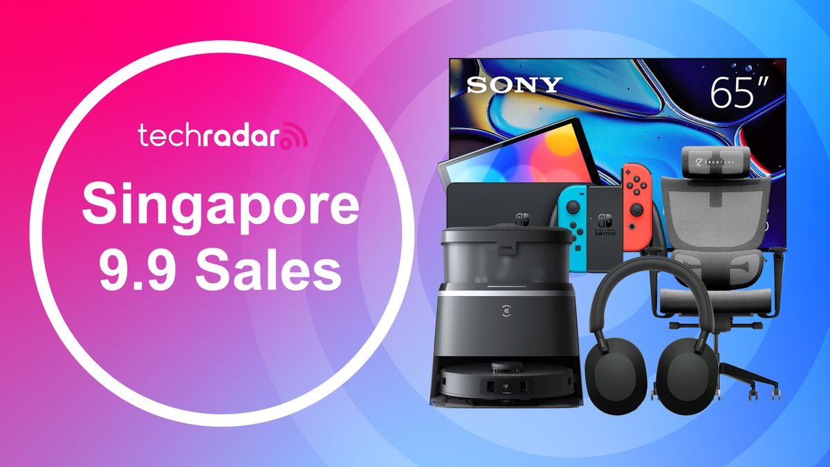 Assortment of tech on pink and blue background with &quot;Singapore 9.9 Sales&quot; text in white