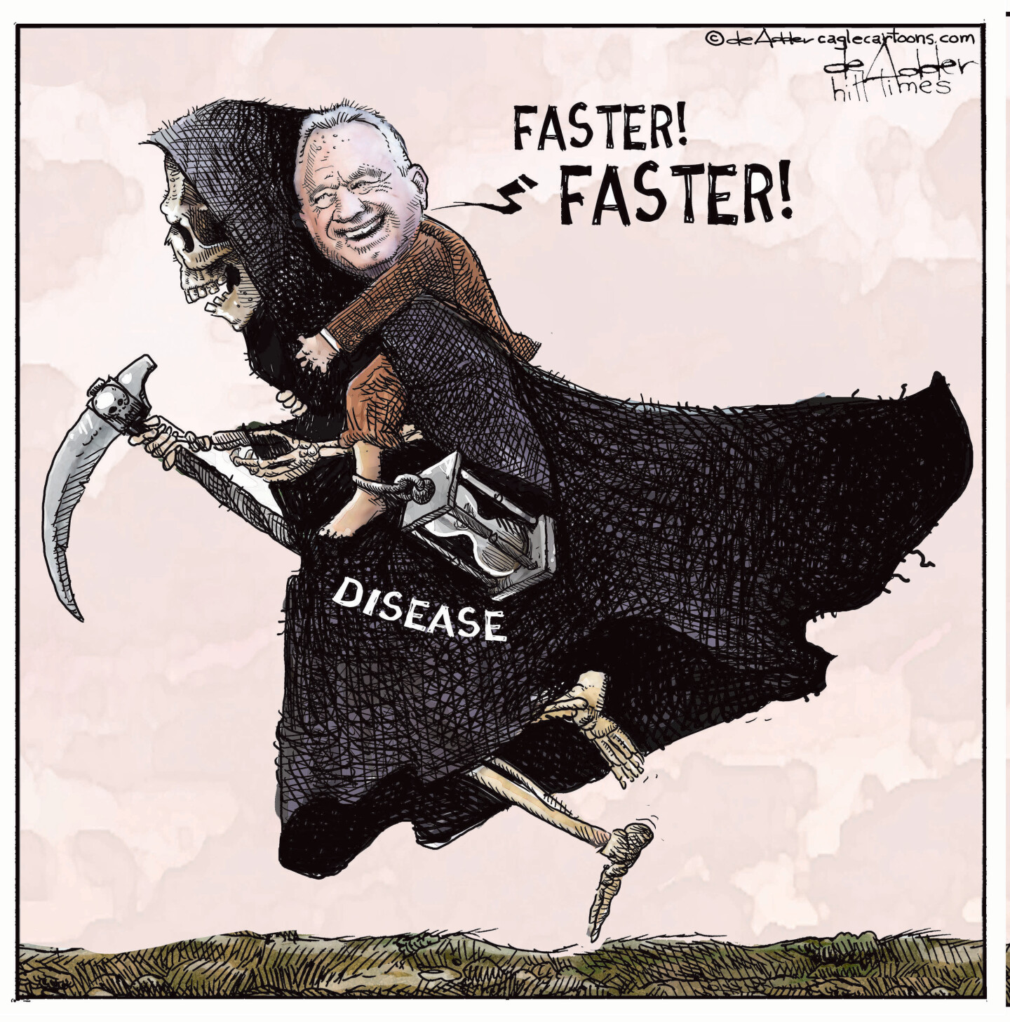 This political cartoon depicts RFK Jr. riding on the back of a skeletal Grim Reaper labeled &amp;ldquo;disease&amp;rdquo;. RFK Jr. says, &amp;ldquo;Faster! Faster!&amp;rdquo;