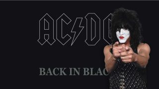 Paul Stanley pointing at the camera, superimposed on the cover of of AC/DC's Back In Black