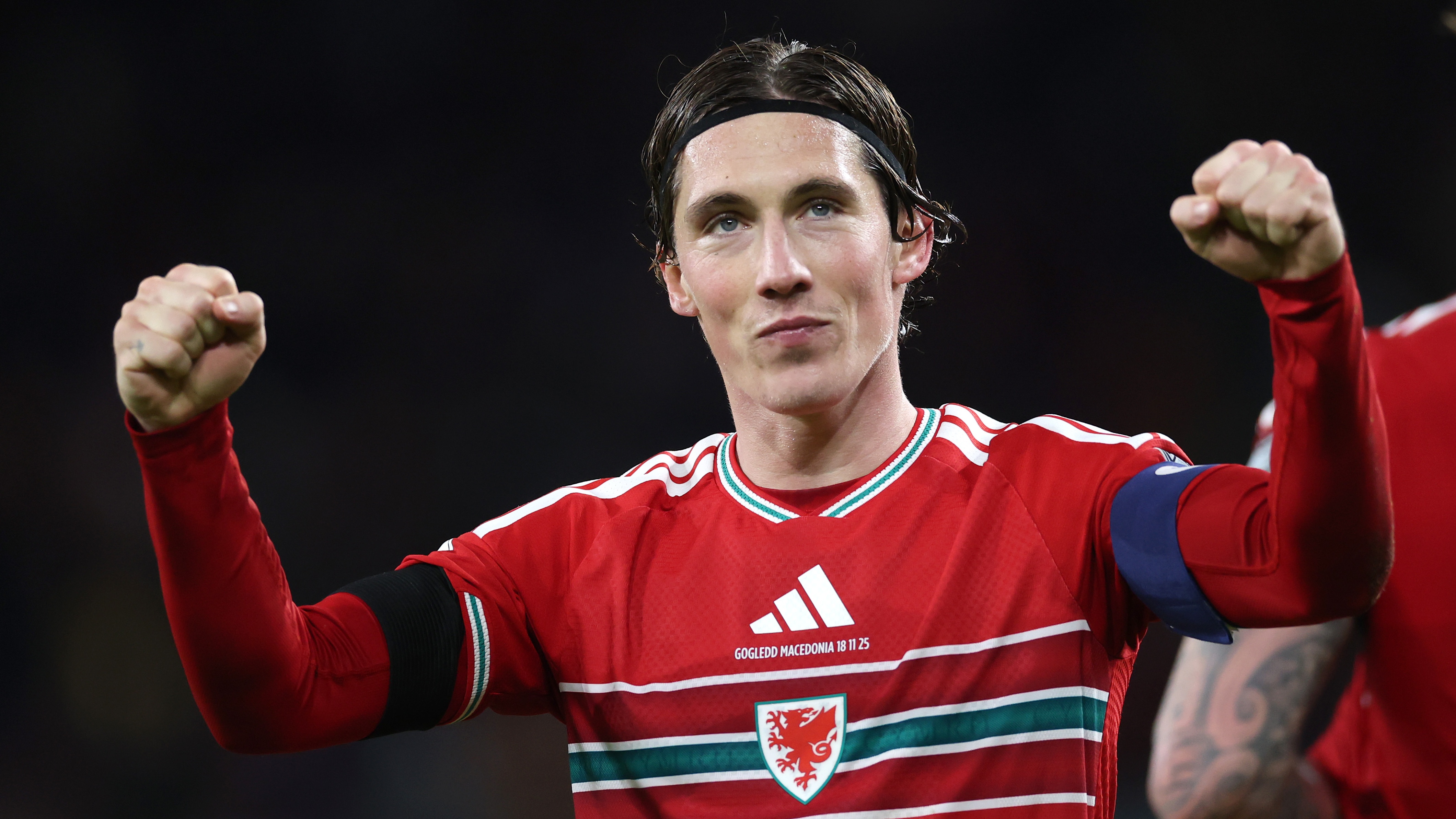 Harry Wilson of Wales celebrates scoring his team's sixth goal and his hat-trick goal during the FIFA World Cup 2026 qualifier match between Wales and North Macedonia at Cardiff City Stadium on November 18, 2025 in Cardiff, Wales. 