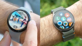 The Google Pixel Watch 3 on the left and Samsung Galaxy Watch 7 on the right, both are close-ups of the devices on users' wrists