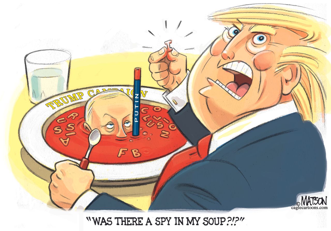 Political cartoon US Trump Russia investigation collusion spy Putin 2016 election