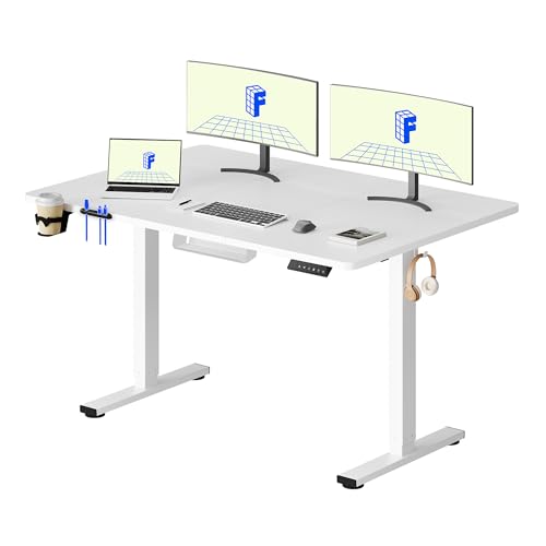 Flexispot 140 X 60 Cm Electric Standing Desk, Sit Stand Table Height Adjustable Desk With Backpack Hook and Memory Smart Pannel, Home Office Desk White